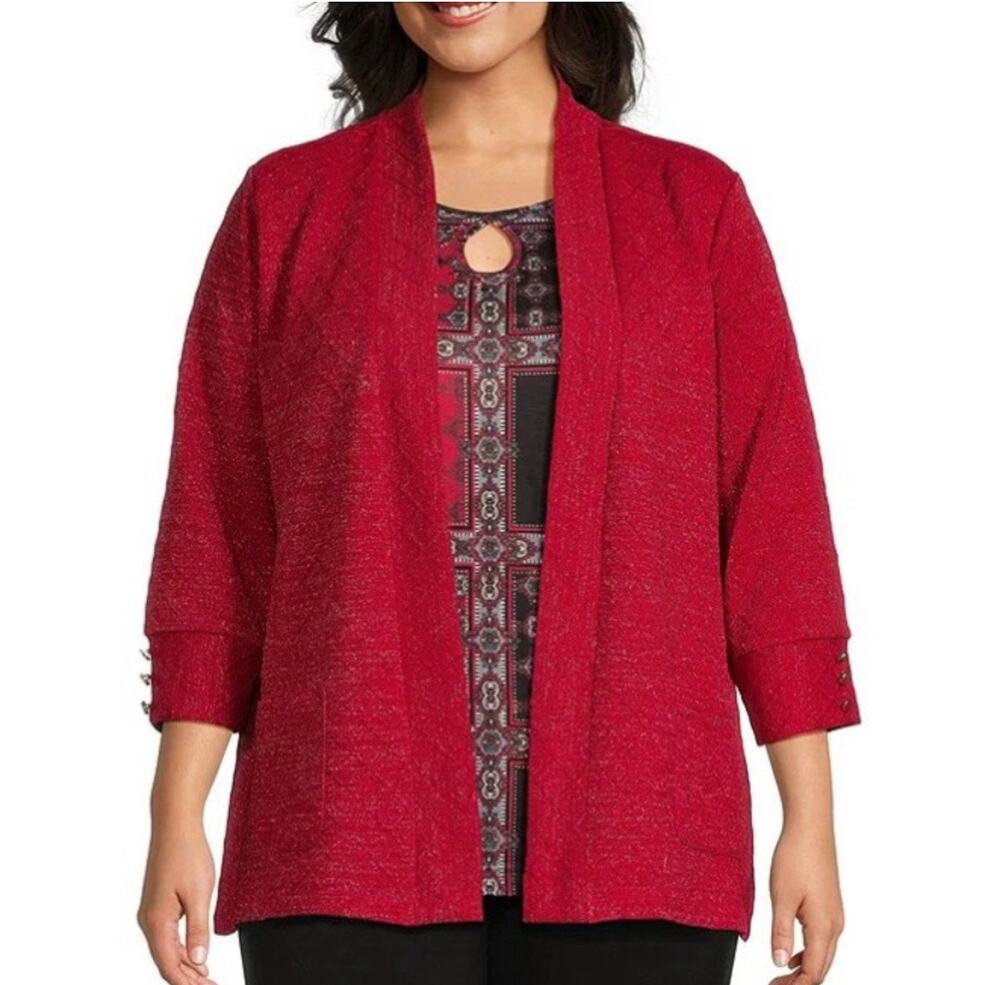 Allison Daley Crimson Red Shimmer 3/4 Sleeve Ottoman Check Knit Cardigan Holiday